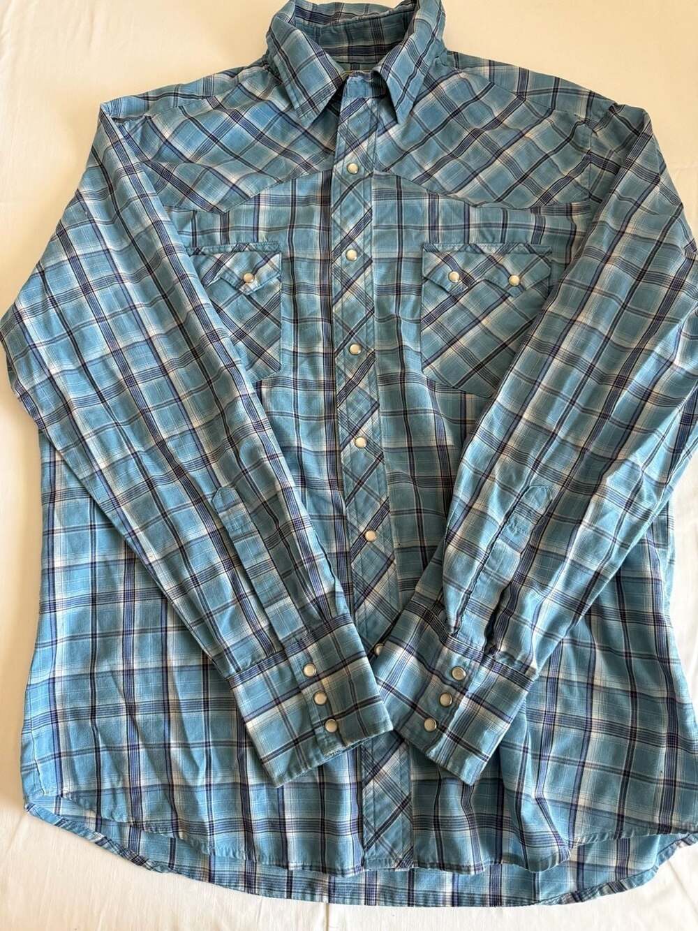 Wrangler Western Fashion Snap Shirt Blue Plaid Pearl Snap Long Sleeve contrywest